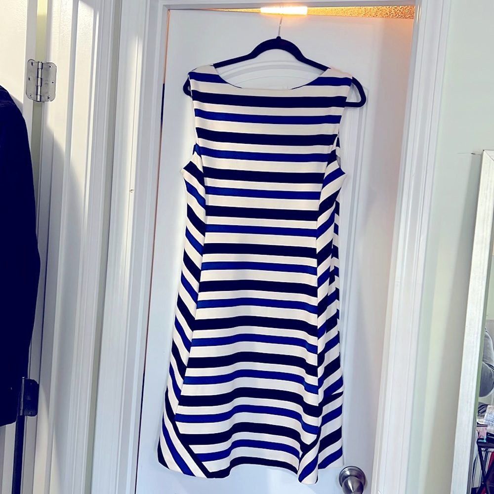 Blue black and off-white striped dress